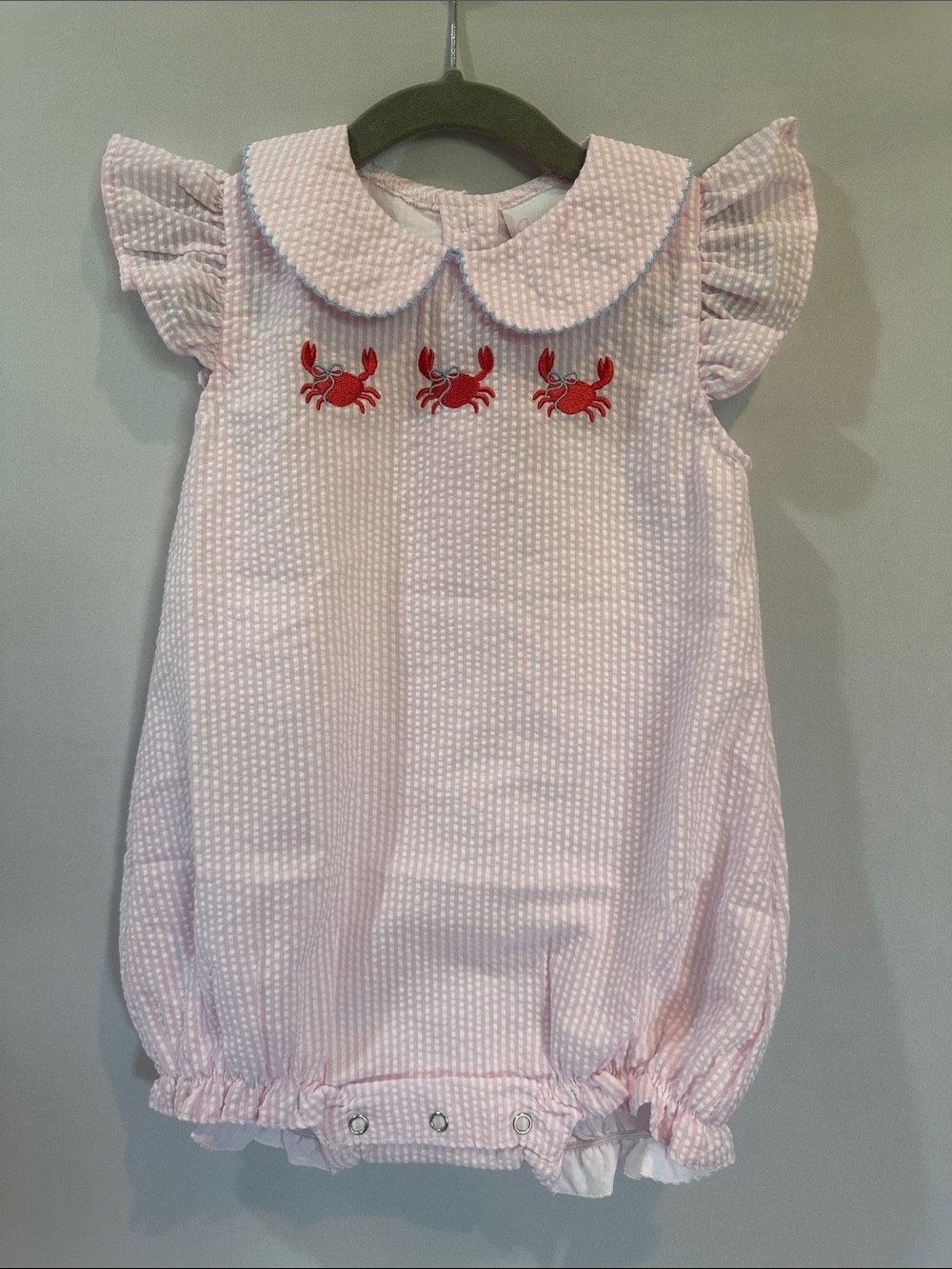 Pink Seersucker Baby Bubble with Red Crab Embroidery with matching bow